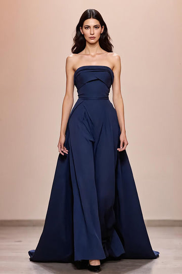 Dark Blue A Line Satin Strapless Long Formal Dress